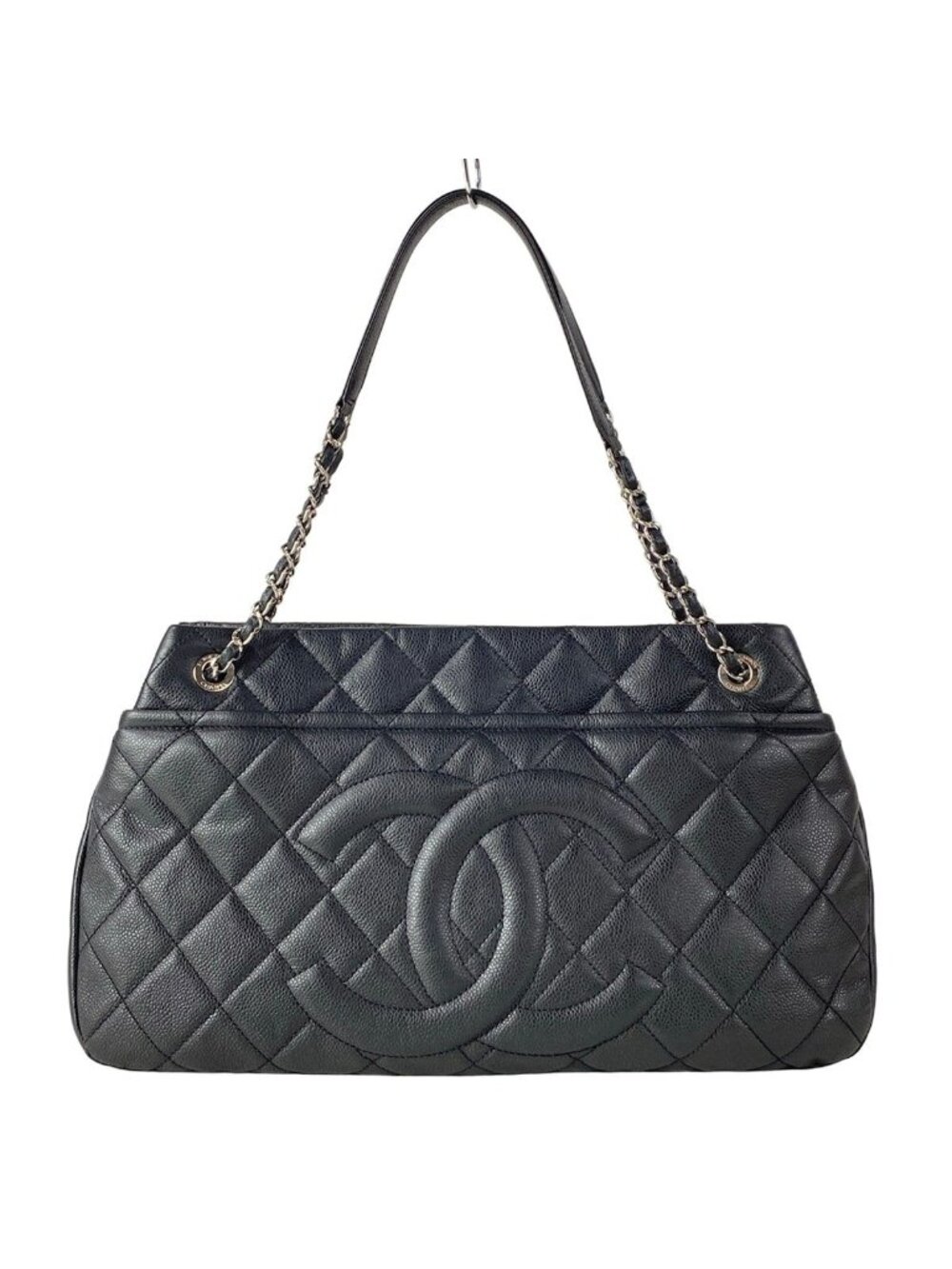 Chanel Tote Quilted Black CC Logo Silver Chain